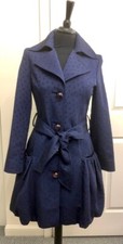 Unique Sara Berman Blue Gold Polka Dots Puffball Trench Coat W/ Ball Buttons Uk8