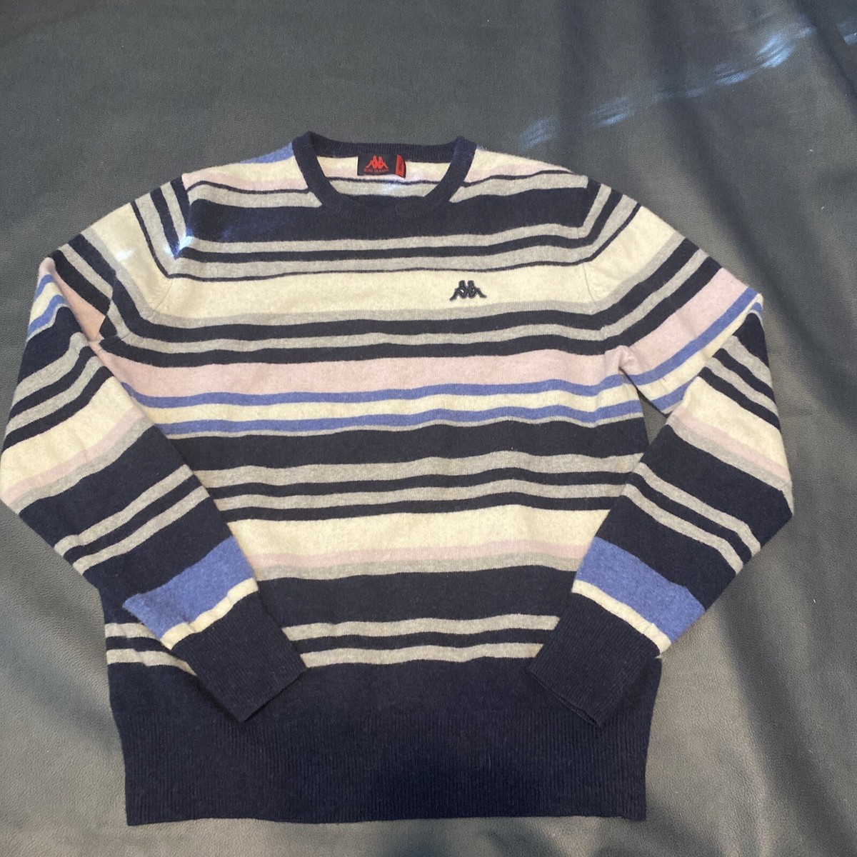 Vintage Kappa Men's Sz S 100% Wool Blue Gray Purple Striped Sweater EUC