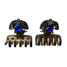Vintage Blue Rhinestone Mini Hair Claw Clips Gold Tone Set 2 Retro Y2K