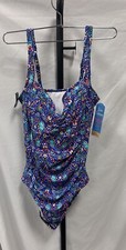 Swim Solutions NAVY MULTI Tummy-Control Shirred One-Piece Swimsuit, US 18