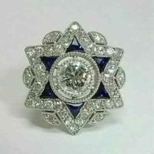 2.90Ct Art Deco Style Lab Created Blue Sapphire Diamond 14k White Gold FN Ring