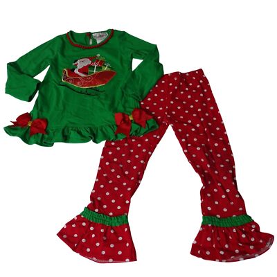 Rare Editions Santa Christmas Outfit Green Red Top and Flare