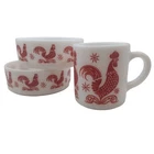 Hazel Atlas Red Rooster Milk Glass Set Of 3 Cereal Bowl Coffee Mug Vintage 50s