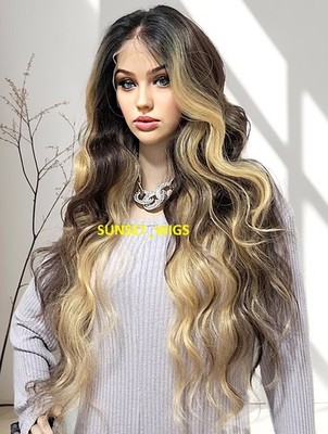 35'' FREE PART LACE FRONT WIG LONG WAVY LAYERED OMBRE BROWN GOLDEN BLONDE MIX NWT