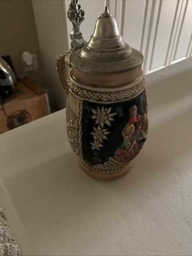 German Lidded Stein Relief Village Scene Traditional Motifs Breweriana