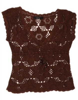 A WEAR Damen bauchfreies Häkel Bluse Top UK 14 mittelbraun geblümt DR19
