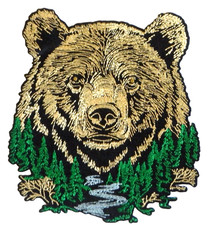 Large BROWN BEAR Head in Forest 5.75"x 5" Embroidered Iron On Patch / NEW