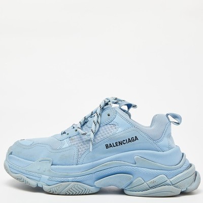 Balenciaga Blue Mesh and Faux Leather Triple S Low Top