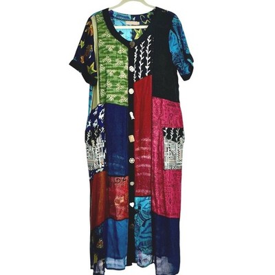 LA Cera Dress Boho Short Sleeve Medium Multicolored Patchwork MIDI Shift Button