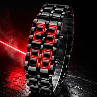Herren LED Digitaluhr Rotguss Edelstahl Armband Rote Anzeige Retro
