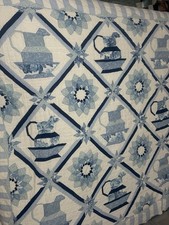 Vintage Handmade Quilt Full 74x77 Appliqu Flower Basket Dahlia Star Blue White