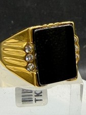 Mens Gold Signet Ring Black Onyx 18KT Stamped Rectangle Stainless Steel Size W