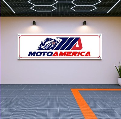 MotoAmerica Flag Banner 71x24   Garage Wall Decor for Racing Fans