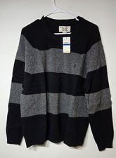 Original Penguin Men's XL P55 Sweater 100 Lambswool Black Grey Striped NWT