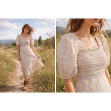 Ganni smocked puff sleeve seersucker plaid midi dress size 36 US 4