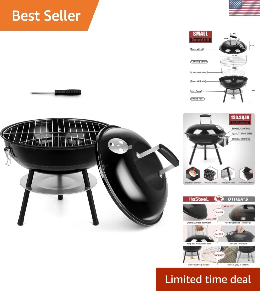 Compact 14'' Charcoal Grill with Screwdriver - Ideal for Small Family Gatherings