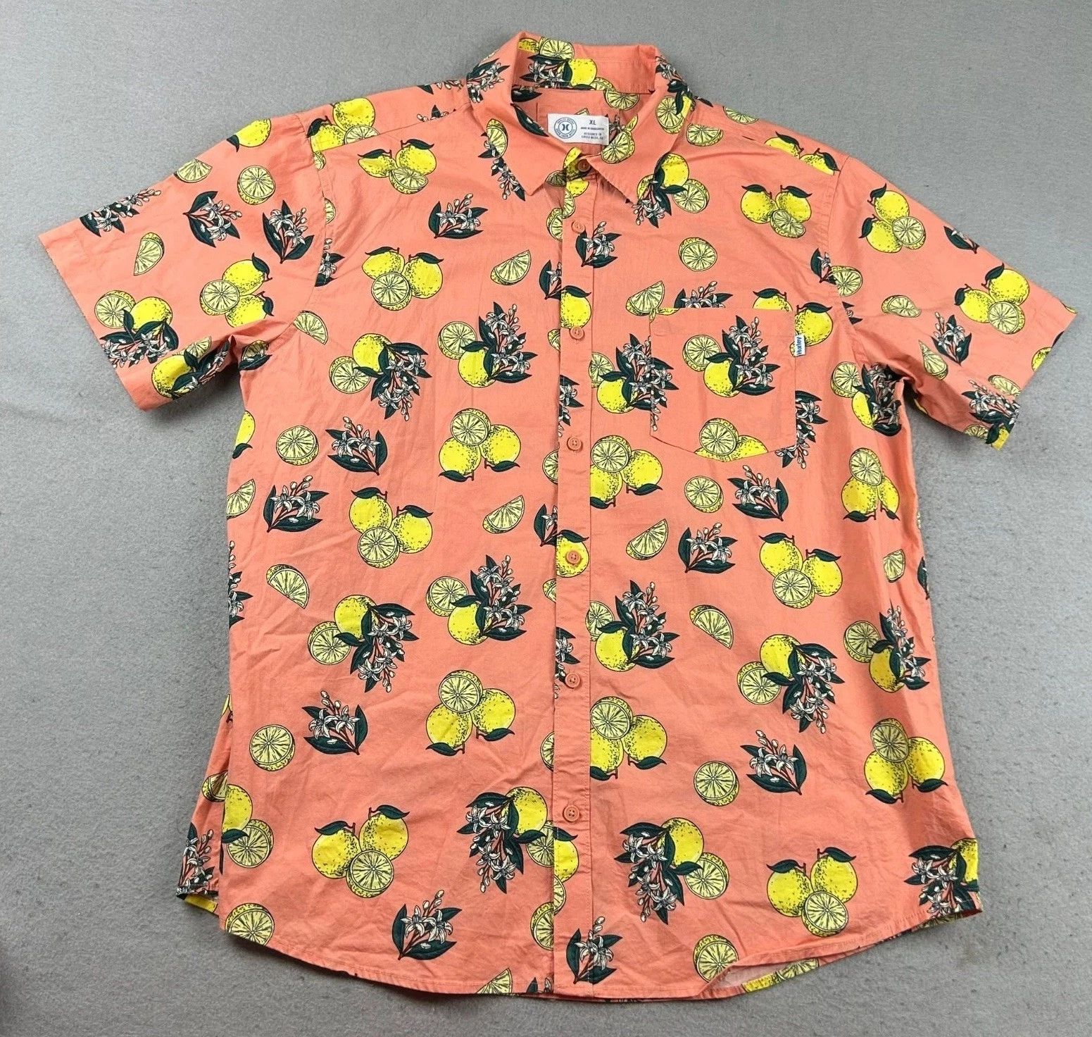 Hurley Shirt Mens XL Orange Lemon AOP Stretch Fit Button Up Short Sleeves