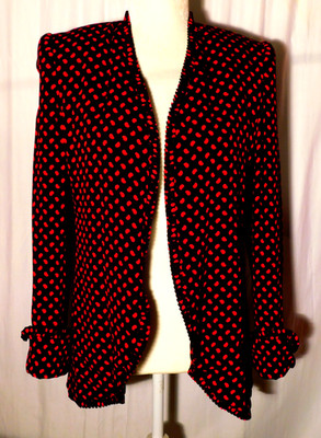 Vtg. Carolina Herrera Red/ Black Silk Print Open Jacket Ruffled Trim Size 4