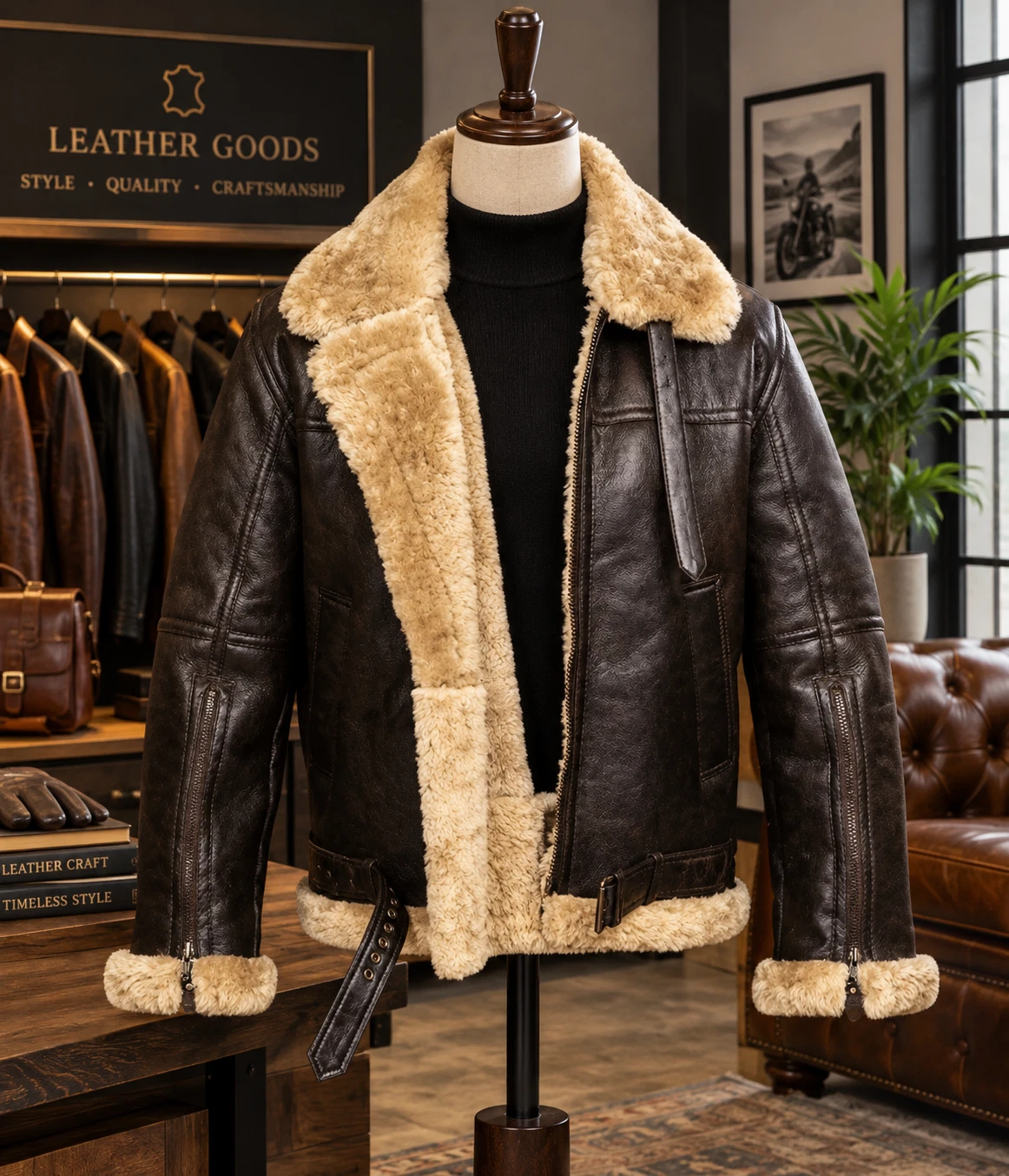 Men's B3 Shearling Bomber Jacket Black Brown Leather Aviator Pilot Winter Coat image 1