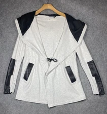 Blanc Noir Jacket Womens Large Grey Black Faux Leather Accent Mid Length Hooded