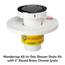 Wondercap All-In-One Shower Drain Kit with 4' Round Brass Chrome Grate
