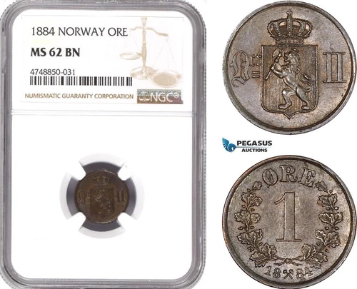 AE332, Norway, Oscar II, 1 Øre 1884, Kongsberg, NGC MS62BN