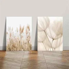 Set of 2 Neutral Dandelion And Pampas Grass Botanical Wall Art Canvas Unframed