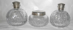 ABP Cut Glass PINWHEEL & STAR 3 Pc Set 2 Scent Bottles & Powder Jar STERLING TOP