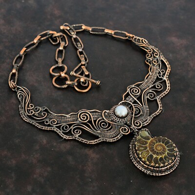 Ammonite Fossil Copper Gift For Mom Wire Wrapped Chain Adjustable Necklace 18.0''