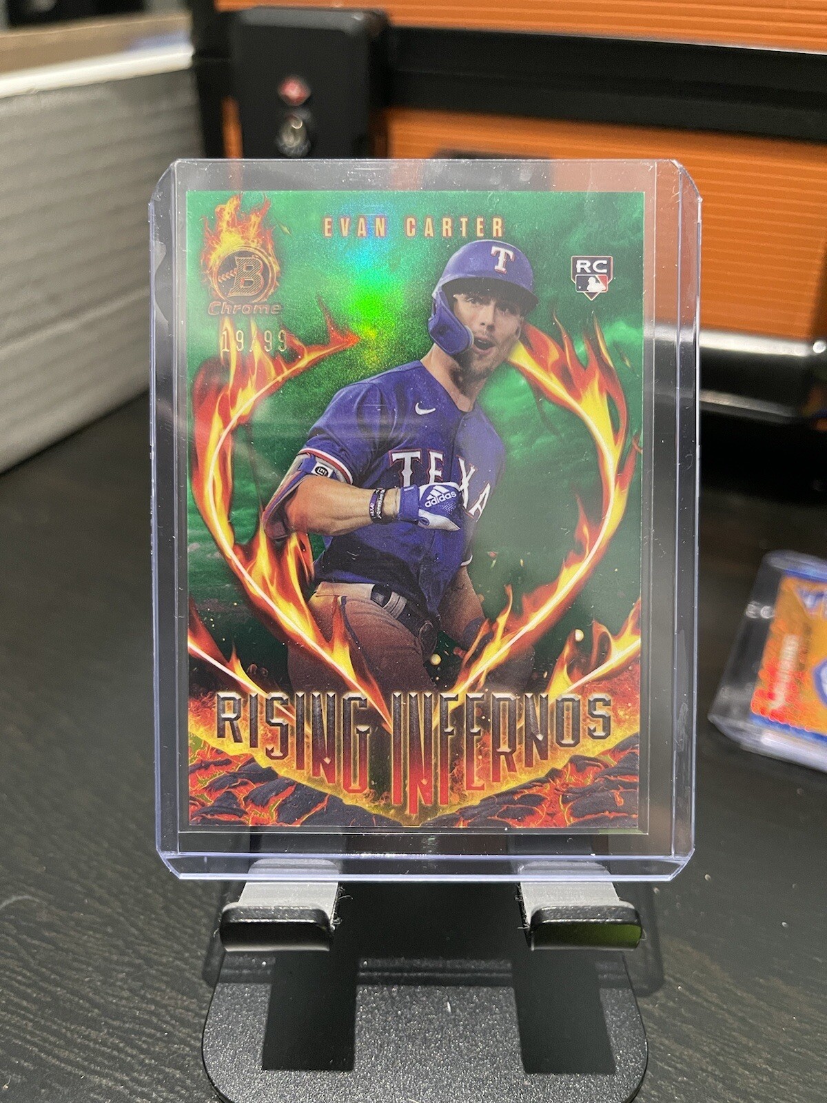 2024 Bowman Chrome Evan Carter Rising Infernos Green /99 Rangers RC 📈