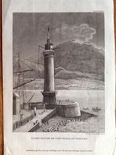 LIGHTHOUSE OF THE PIER OF NAPLES Vesuvius Gulf etching original 1821 Neele & Son