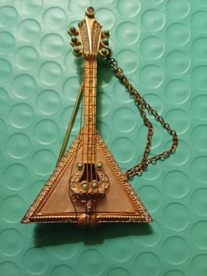 Vintage R. Mandle Balalaika Guitar Brooch Faux  Turq.& Clear Stones Jewelry NICE