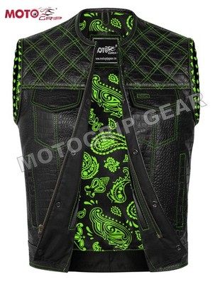 Men s Black Embossed Leather Motorcycle Vest  Green Paisley Lining Conceal Carry