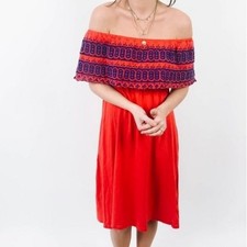ASOS Womens Red Embroidered Off The Shoulder Ruffle Boho Mini Dress Size US 4