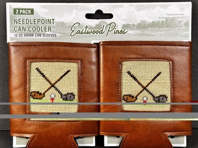 Eastwood Pines Needlepoint Can Cooler 2 Pack Golf Leather Koozie 12oz