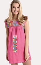 J Marie Pink Embroidered Boho Rosa Dress Size Medium Pockets Colorful Floral