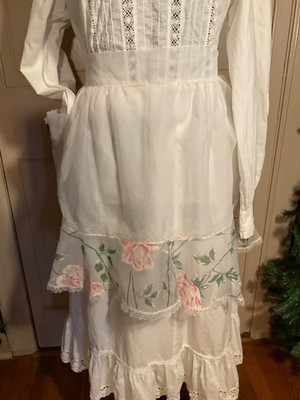 Vtg White Sheer 1/2 Apron Lace Hem Rose Floral Summer Wedding Baby Shower Party