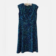 Ralph Lauren Teal Navy Patterned Midi Dress V-Neck Cap Sleeves