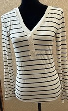 Loft Striped V-Neck 3 Button Pullover Sweater White Blue Women's Size Small