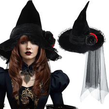 Halloween Witch Hat for Women Gothic Black Wizard Hat with Red Black Rose Flo...