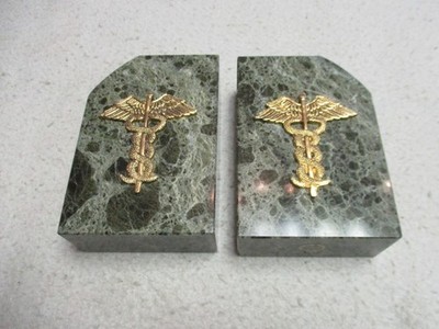 VINTAGE SET MEDICAL BOOK ENDS MARBLE & BRASS CADUCEUS MATCHING PAIR  BEY-BERK