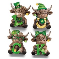 4 Pcs Highland Cow Figurines St Patricks Day Highland Cow Gnomes Irish Luck