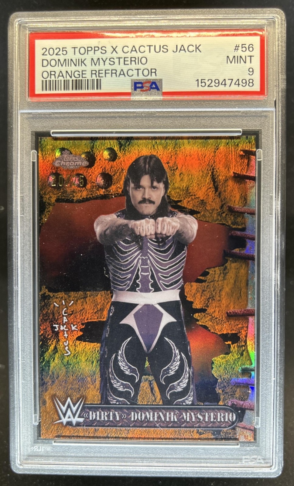2025 Topps Chrome WWE x Cactus Jack Dirty Dominik Mysterio Orange #/25 PSA 9