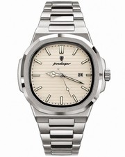 POEDAGAR Men’s Silver Tone Watch Cream Dial Octagonal Case Metal Bracelet Date