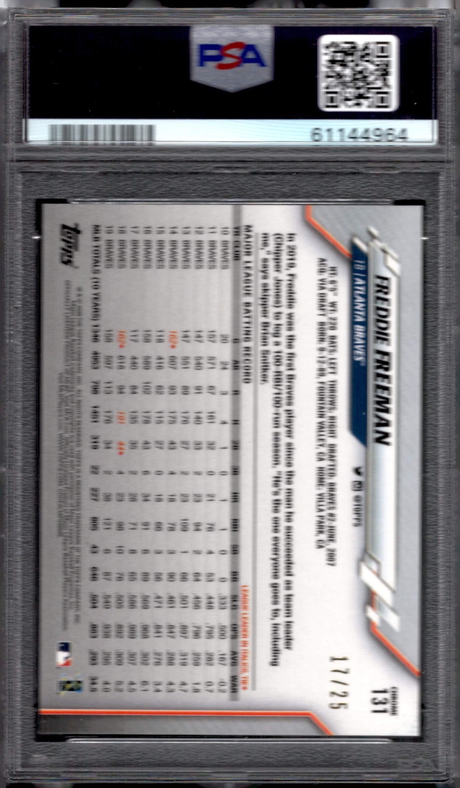 2020 Topps Chrome Freddie Freeman #131 Orange Refractor #/25 PSA 10 SUPER CLEAN view 2