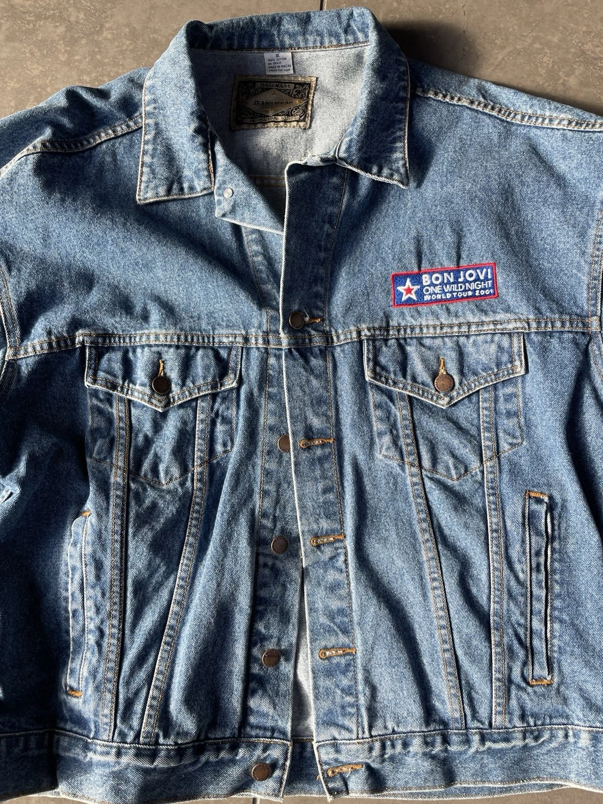 Vintage Bon Jovi One Wild Night 2001 Tour Denim Jacket XL Haleman Custom Patch image 3