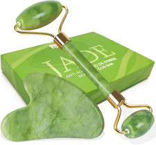 Jade Roller & Gua Sha Set - Jade Stone Face Roller + Gua Sha Tool for Facial Mas