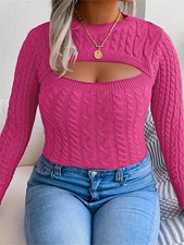 plus Size Solid Color Cutout Knit Sweater Long Sleeve Crewneck Pullover Slim