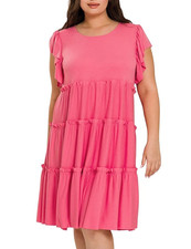 1X 2X 3X Women's Short Ruffle Sleeve Tiered Short Dress Relaxed Fit Knee Length