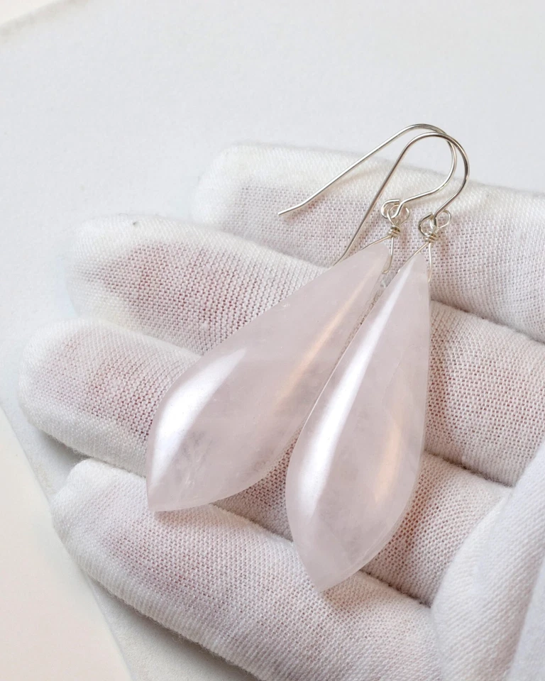 Pendientes de cuarzo rosa X grandes gotas lisas rosa oro macizo de 14 k de ley de 2,5" Foto 2 de 4